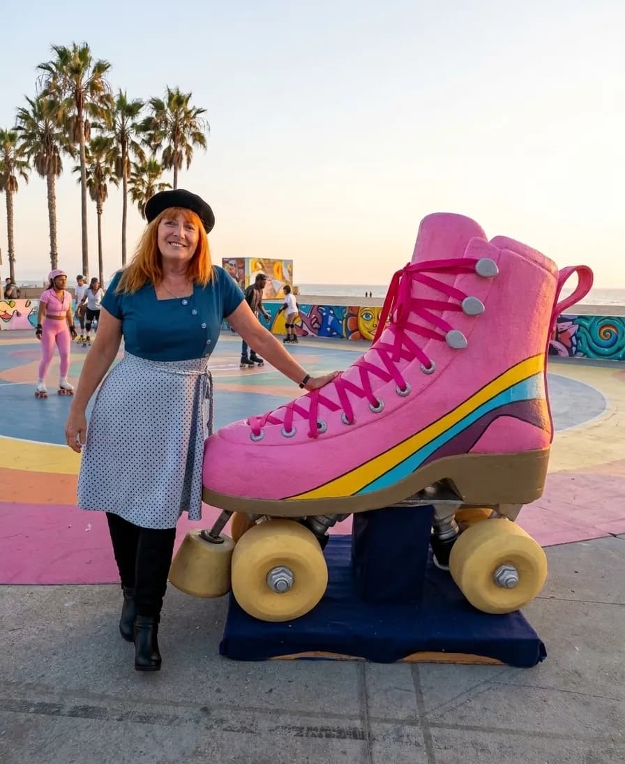 Nathalie, créatrice de CÉKIKAFÉ, posant à côté d'une sculpture géante de patin à roulettes rose sur la promenade de Venice Beach, palmiers en arrière-plan