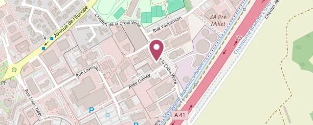 Plan du quartier de la ZA Pré Millet à Montbonnot : un repère rose marque la boutique CÉKIKAFÉ au 960 chemin de la Croix Verte, entre la rue Vaucanson, l'allée Galilée et l'autoroute A41.