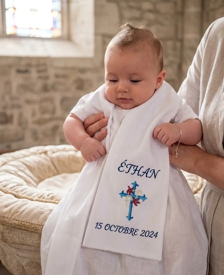 Bébé Éthan porté dans une église, avec une écharpe de baptême blanche brodée de son prénom, d'une croix bleue fleurie et de la date du 15 octobre 2024