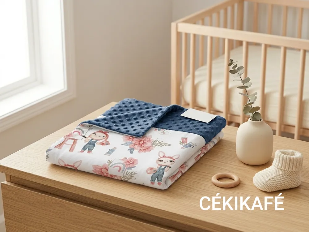Couverture bébé pliée, molleton à pois bleu marine d'un côté et coton imprimé de personnages et fleurs façon forêt de l'autre, posée sur une commode près d'un lit à barreaux