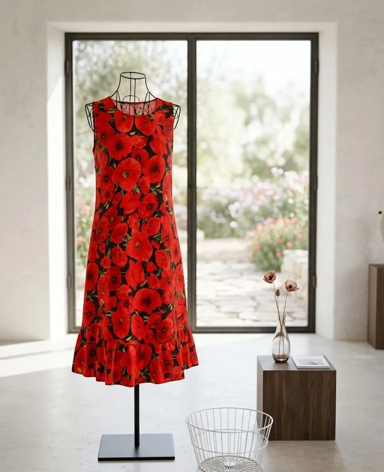 Robe sans manches à imprimé coquelicots rouges sur fond noir, présentée sur un buste mannequin devant une baie vitrée donnant sur un jardin