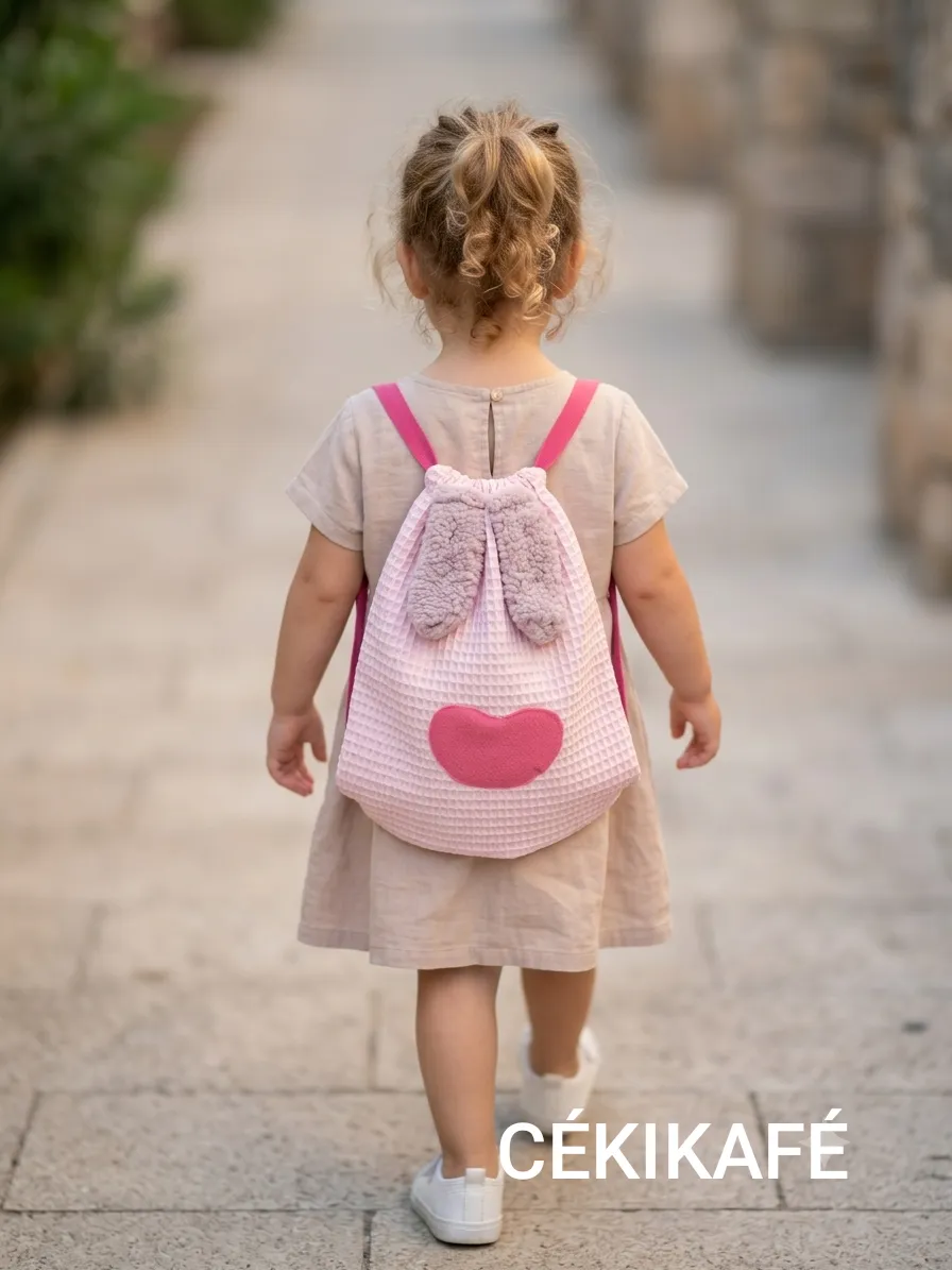Petite fille de dos portant un sac à dos rose en tissu gaufré avec oreilles de lapin en fausse fourrure et un cœur rose, floqué CÉKIKAFÉ