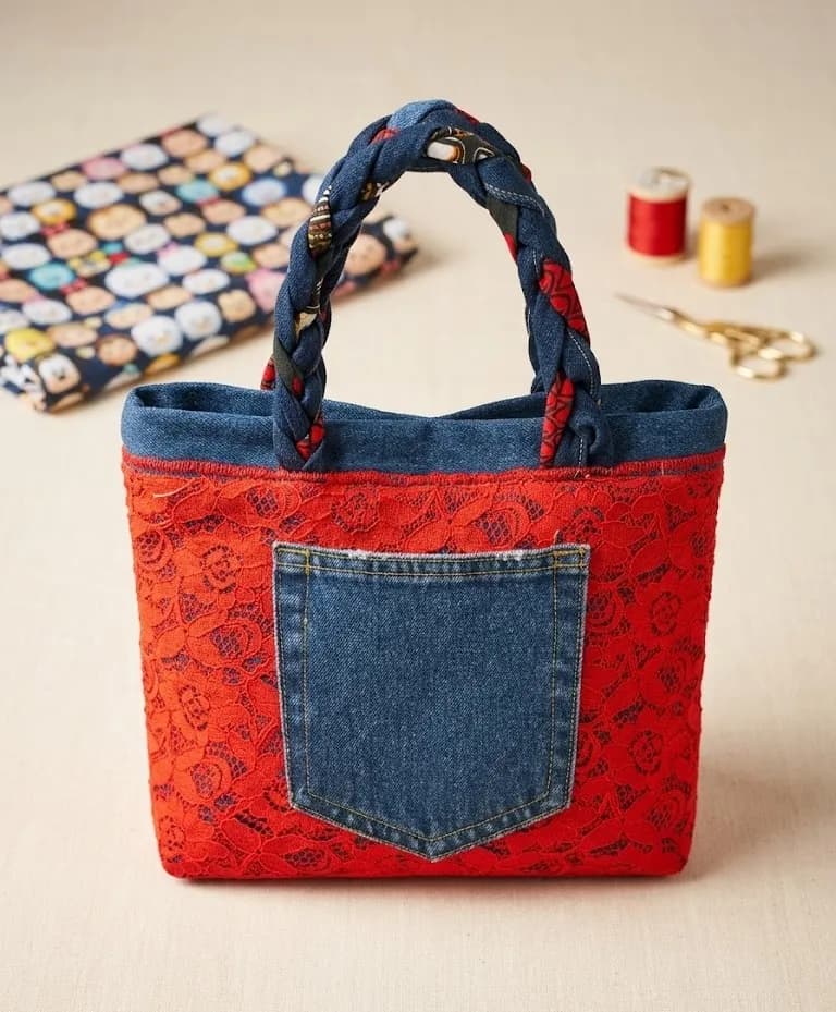 Sac cabas en dentelle rouge avec anses en jean tressées et poche en denim