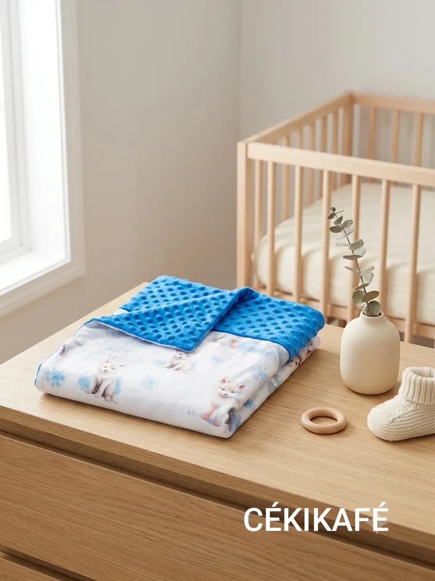 Couverture bébé pliée, posée sur une commode en bois clair dans une chambre d'enfant lumineuse, devant un lit à barreaux. On voit la face en coton blanc imprimée de chiots des neiges crème et de flocons bleus, et, repliée par-dessus, le minky bleu roi vif à petits pois en relief. À côté, un vase crème avec une branche d'eucalyptus, un anneau de dentition en bois et un chausson tricoté. Le nom CÉKIKAFÉ est écrit en blanc en bas à droite de l'image.