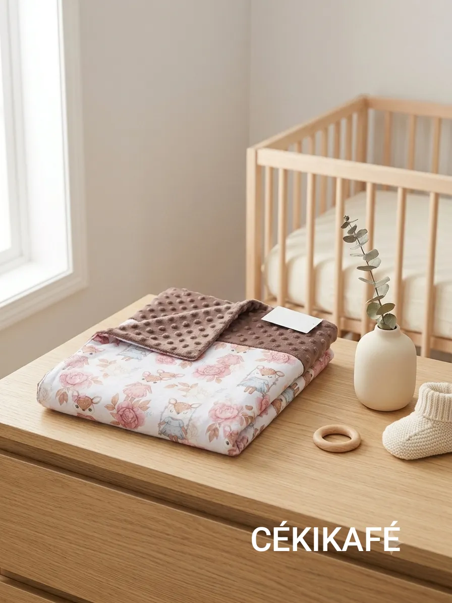 Couverture bébé pliée, posée sur une commode en bois clair dans une chambre d'enfant lumineuse, devant un lit à barreaux. On voit la face en coton blanc imprimée de petites biches en robe et de grosses fleurs roses, et, repliée par-dessus, le minky marron aux reflets violine à petits pois en relief, avec une étiquette blanche. À côté, un vase crème avec une branche d'eucalyptus, un anneau de dentition en bois et un chausson tricoté. Le nom CÉKIKAFÉ est écrit en blanc en bas à droite de l'image.