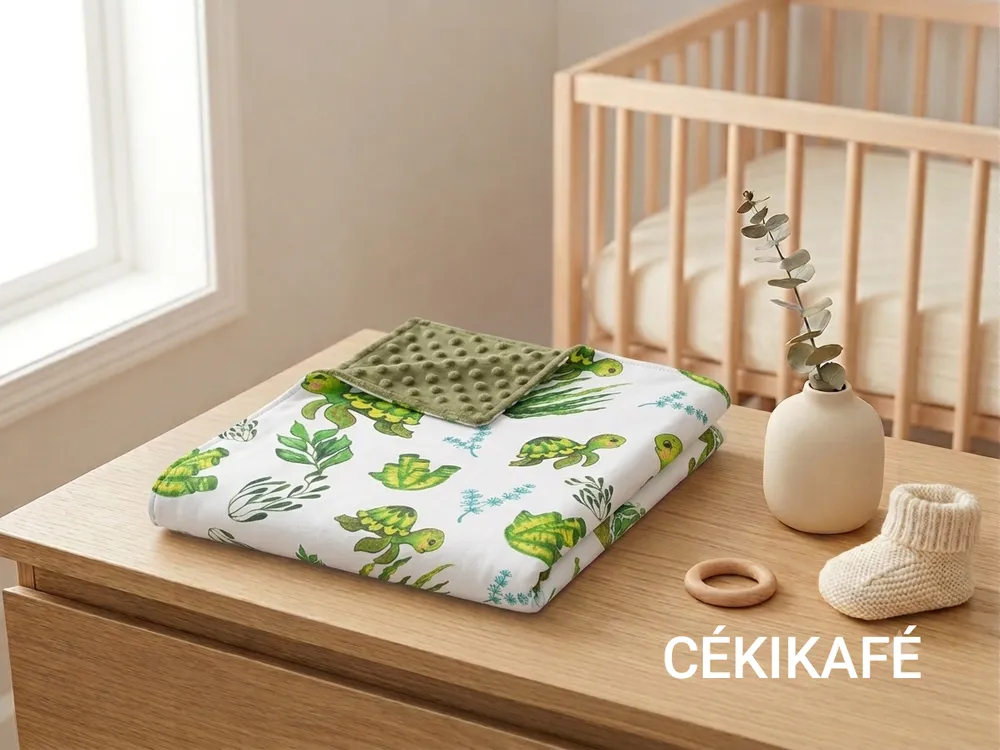 Couverture bébé pliée, posée sur une commode en bois clair dans une chambre d'enfant lumineuse, devant un lit à barreaux. On voit la face en coton blanc imprimée de tortues vertes et jaunes souriantes, d'algues et de feuillages verts, et, repliée par-dessus, le retour en minky vert kaki à petits pois en relief. À côté, un vase crème avec une branche d'eucalyptus, un anneau de dentition en bois et un chausson tricoté. Le nom CÉKIKAFÉ est écrit en blanc en bas à droite de l'image.