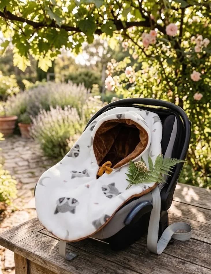 Cape polaire réversible à motifs ratons laveurs, doublée marron, posée sur un siège auto bébé dans un jardin