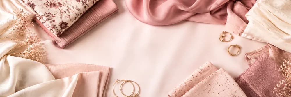 Foulards en soie rose et beige, bijoux dorés et fleurs séchées disposés sur un fond rose poudré