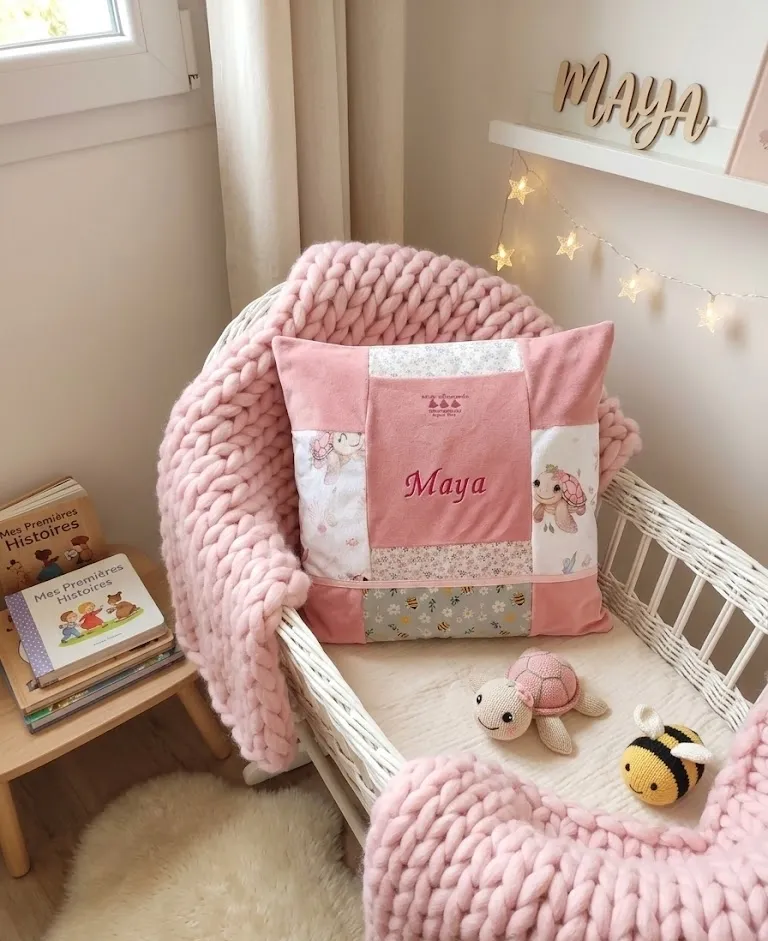 Coussin souvenir en patchwork rose brodé du prénom Maya, avec motifs lapin et tortue