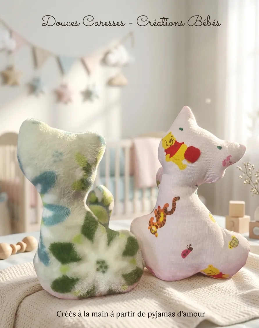 Deux chats en tissu recyclé, l'un à motif floral vert, l'autre en pyjama imprimé Winnie l'Ourson