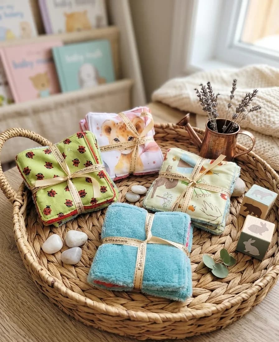 Lots de lingettes lavables aux motifs coccinelles, lionceau et animaux de la forêt, dans un panier en osier