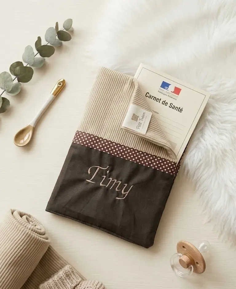 Protège-carnet de santé en velours côtelé beige et marron, brodé du prénom Timy