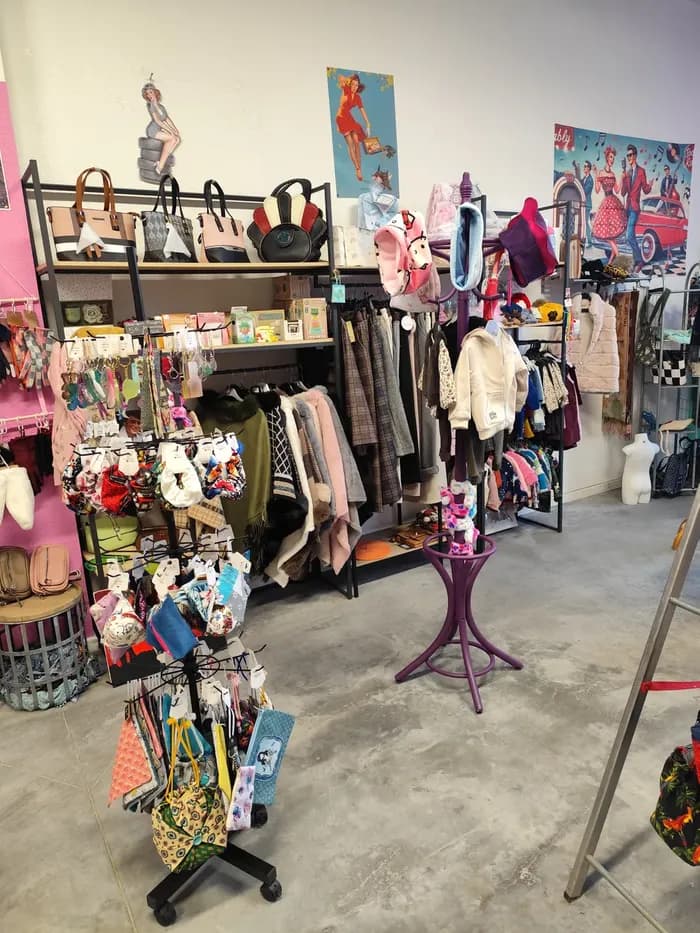 Présentoirs de sacs, écharpes et vêtements sous des affiches vintage pin-up
