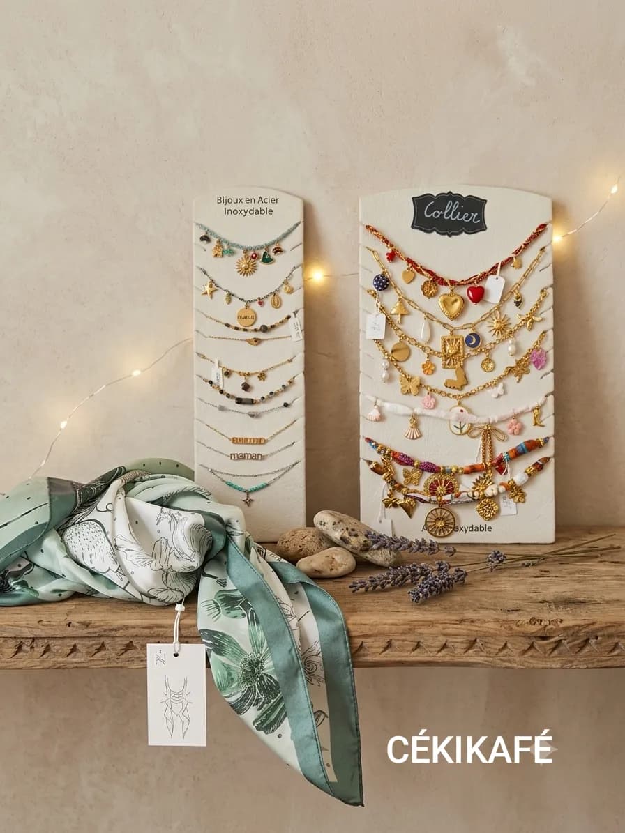 Colliers et bracelets dorés présentés sur des cartes en bois, avec un foulard fleuri vert et des brins de lavande