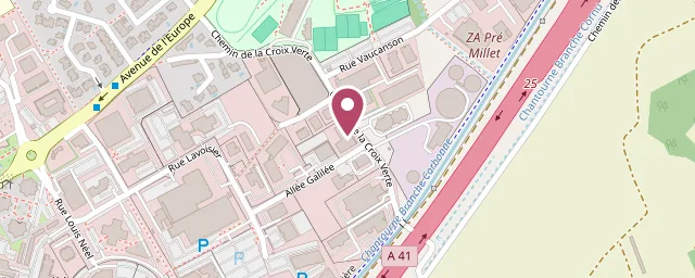 Plan du quartier de la ZA Pré Millet à Montbonnot : un repère rose marque la boutique CÉKIKAFÉ au 960 chemin de la Croix Verte, entre la rue Vaucanson, l'allée Galilée et l'autoroute A41.